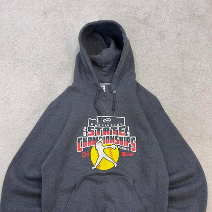 Grey Russell Athletic hoodie Small boxy y2k 00s style pull over hooded sweatshirt Softball print