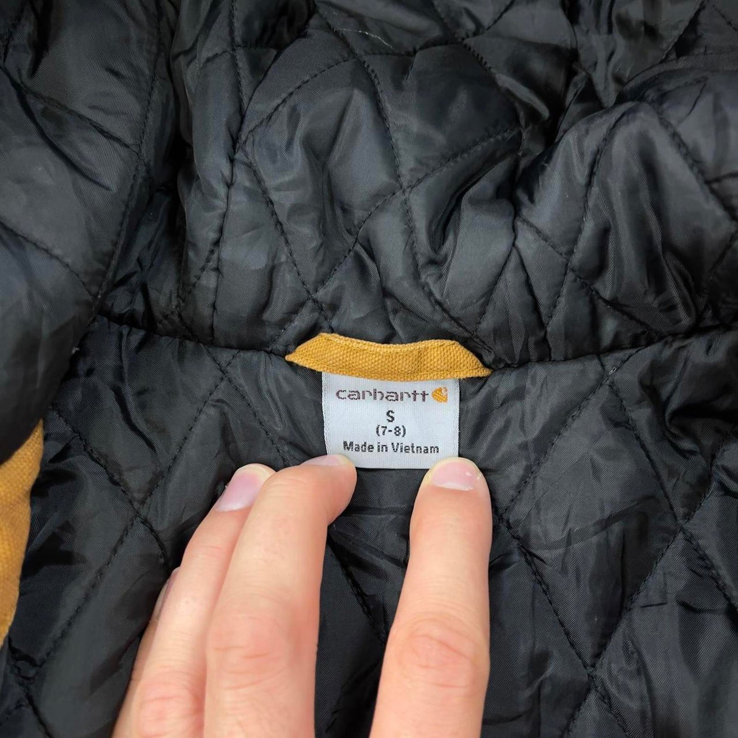 Vintage Kids Carhartt hooded active jacket Small (7-8) tan canvas 90s style quilt lined active