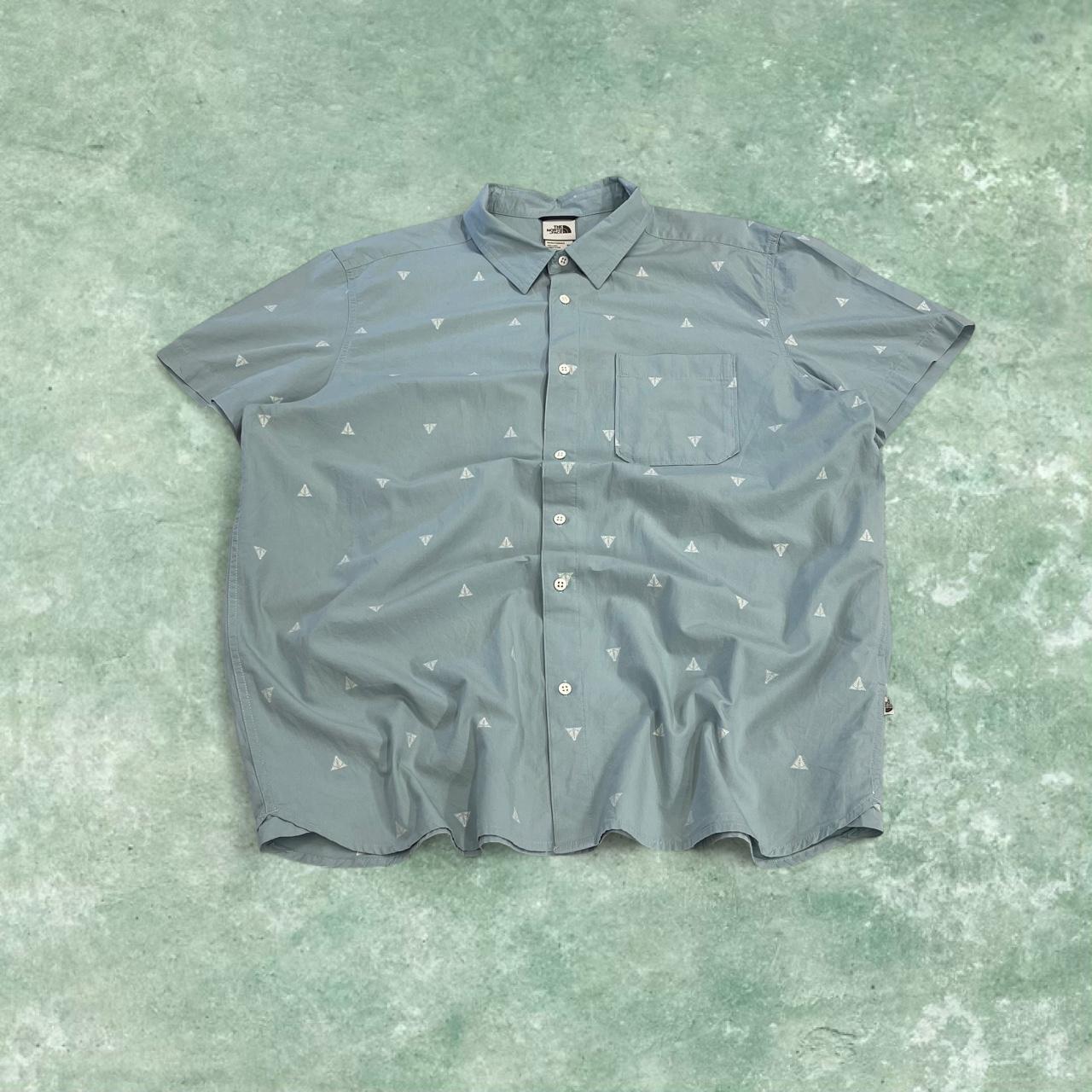 North Face funky short sleeve shirt y2k blue TNF surf style patterned button down summer shirt