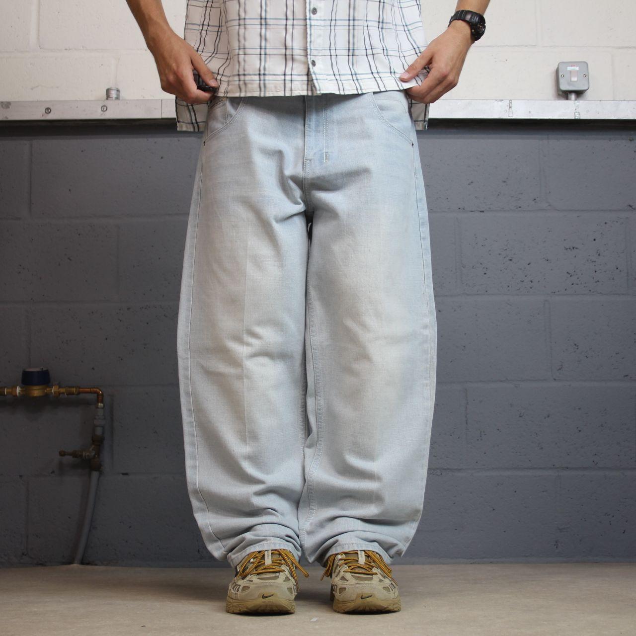 Y2K Royal Blue baggy jeans washed blue denim W38L30 Loose surf style pants stitch detail