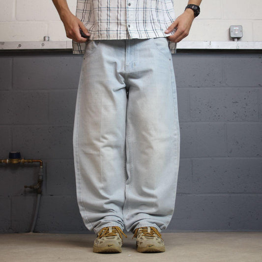Y2K Royal Blue baggy jeans washed blue denim W38L30 Loose surf style pants stitch detail