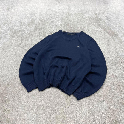 00s Nautica knit sweater jumper embroidered medium men's navy knitted pull over y2k 00s style