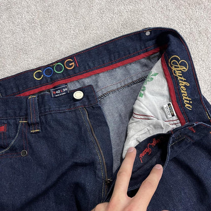 Baggy COOGI embroidered jeans y2k W40L33 navy blue embroidered pattern wide leg skater pants