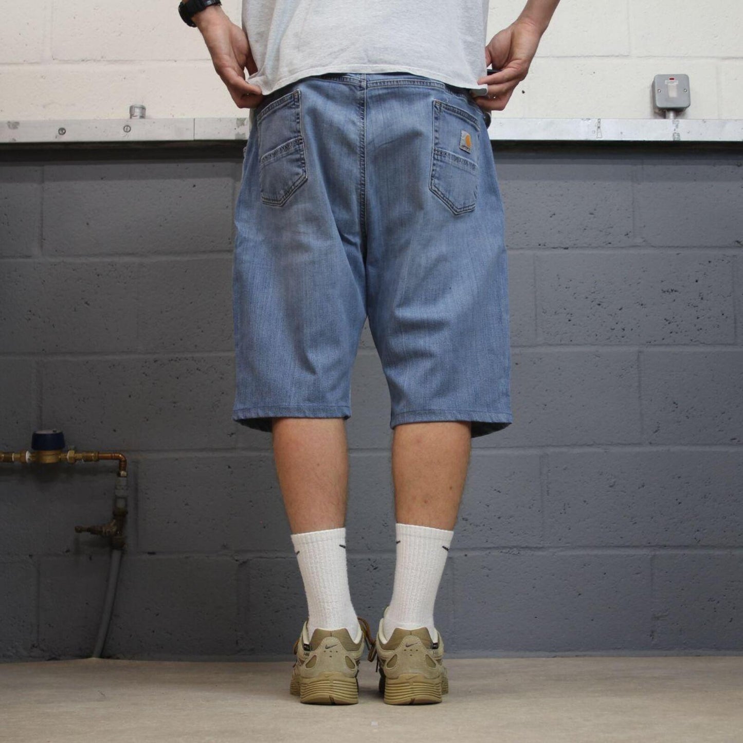 Carhartt denim shorts y2k faded blue Loose skater style work jorts