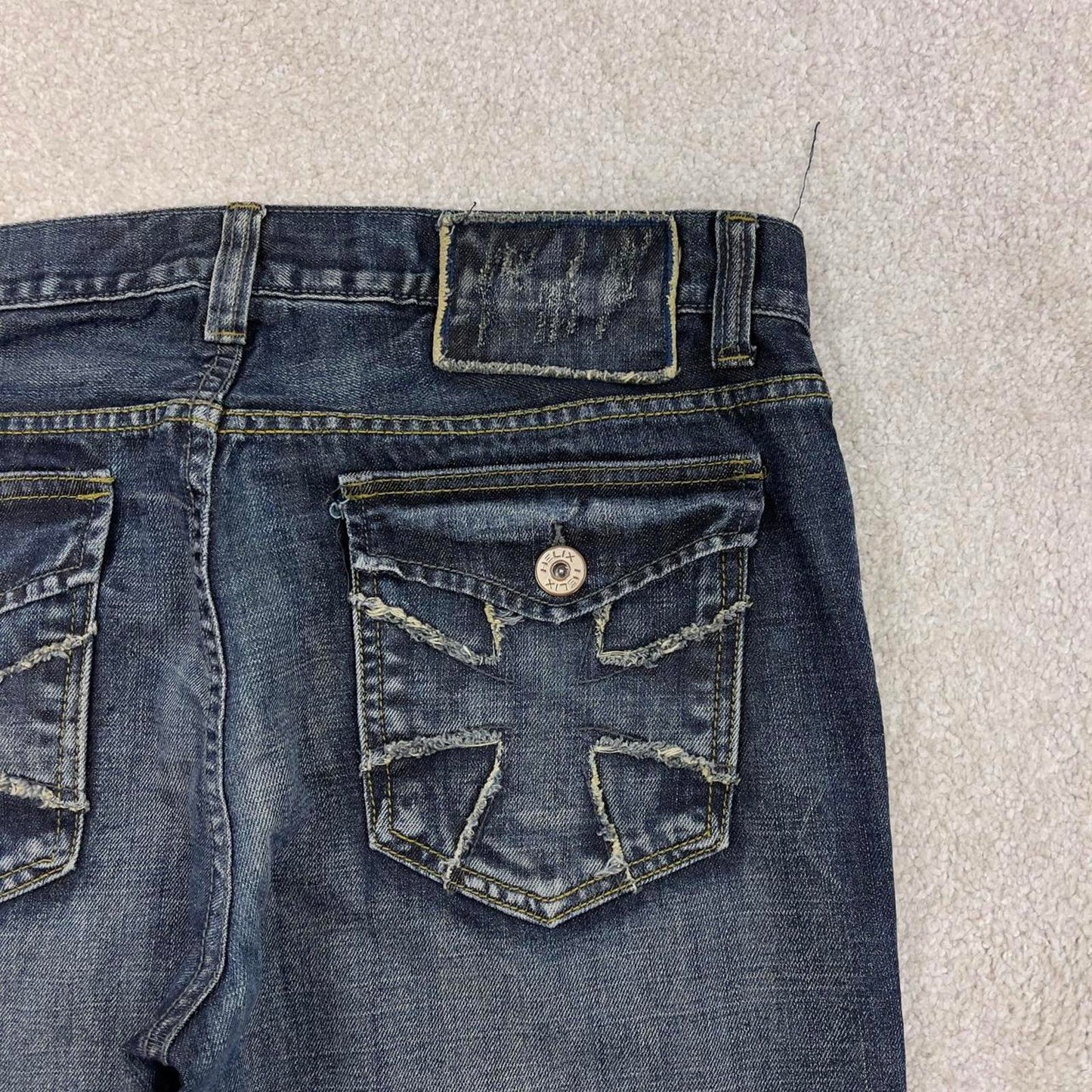 Blue embroidered Helix jeans W36L32 loose y2k 00s style jeans big cross stitch detail slim boot