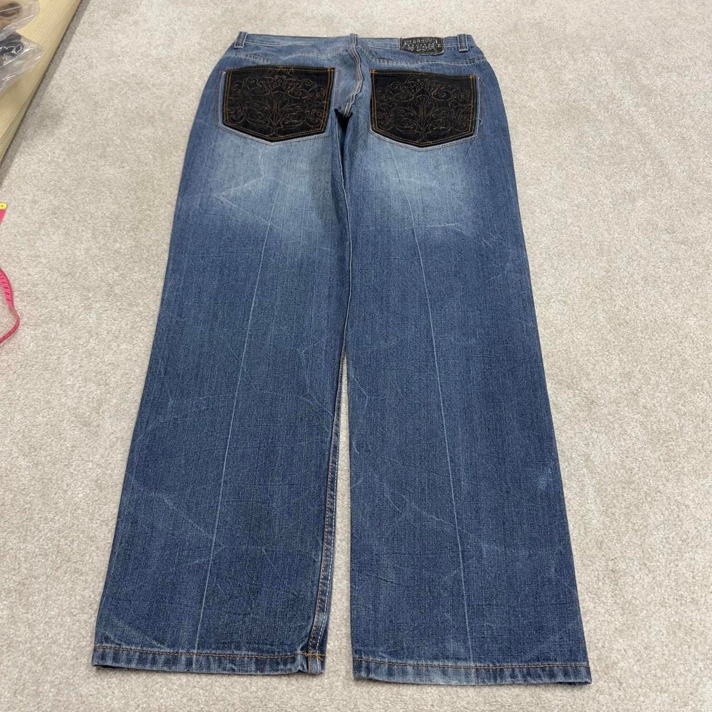 90s y2k Makaveli jeans W36L31 loose blue denim embroidered skate style hip hop pants