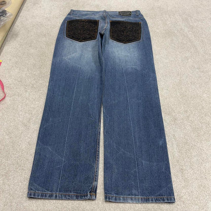 90s y2k Makaveli jeans W36L31 loose blue denim embroidered skate style hip hop pants