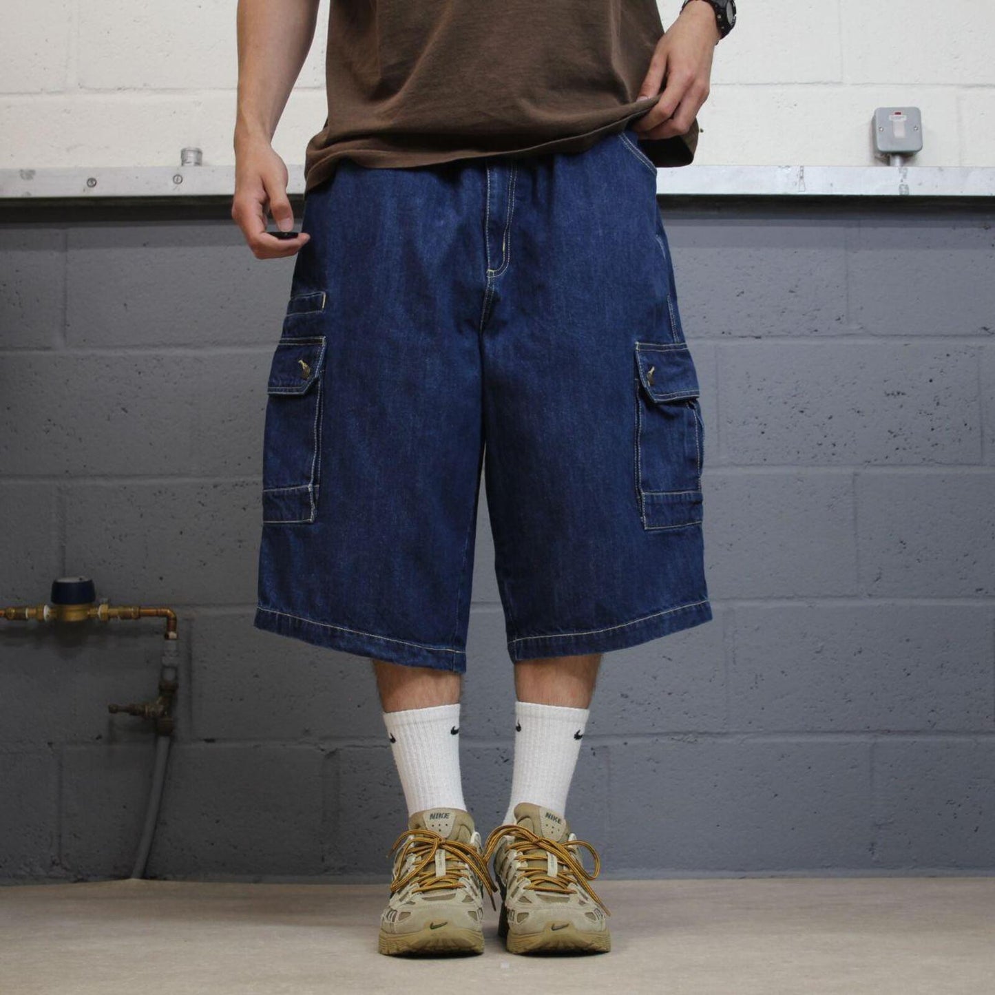 Long extra baggy denim cargo shorts blue Liberty Blues skater style carpenter jorts