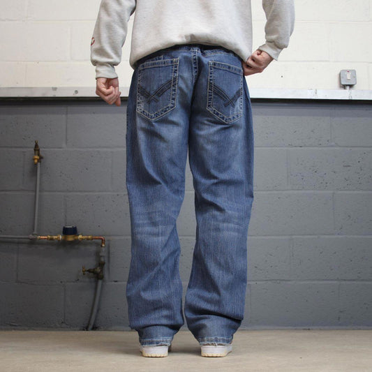 Y2k embroidered Axel bootcut jeans W38L32 blue denim stitched 00s skate style pants