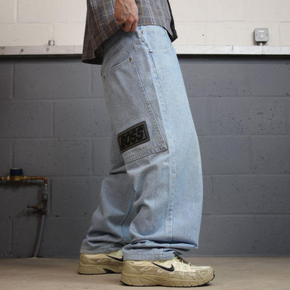 Vintage BOSS baggy jeans y2k W32L28 washed blue denim wide leg skater JNCO style deep pockets
