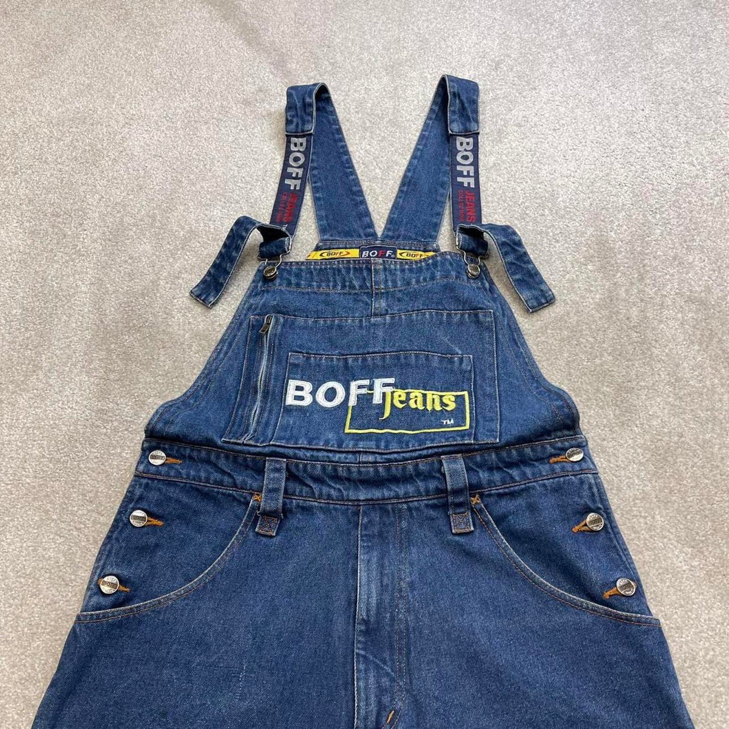 Embroidered BOFF jeans dungarees W34 90s y2k hip hop skater style denim overall shorts