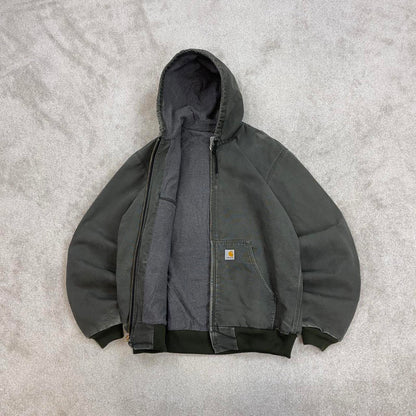 Vintage Green Carhartt hooded active jacket Large technical canvas 90s style skater bomber