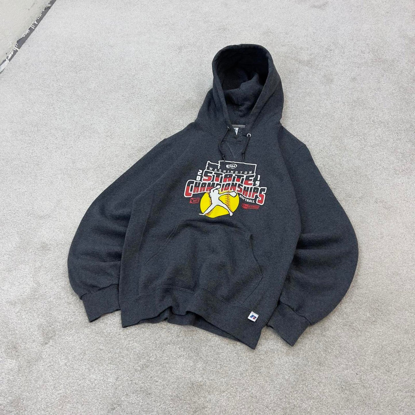 Grey Russell Athletic hoodie Small boxy y2k 00s style pull over hooded sweatshirt Softball print