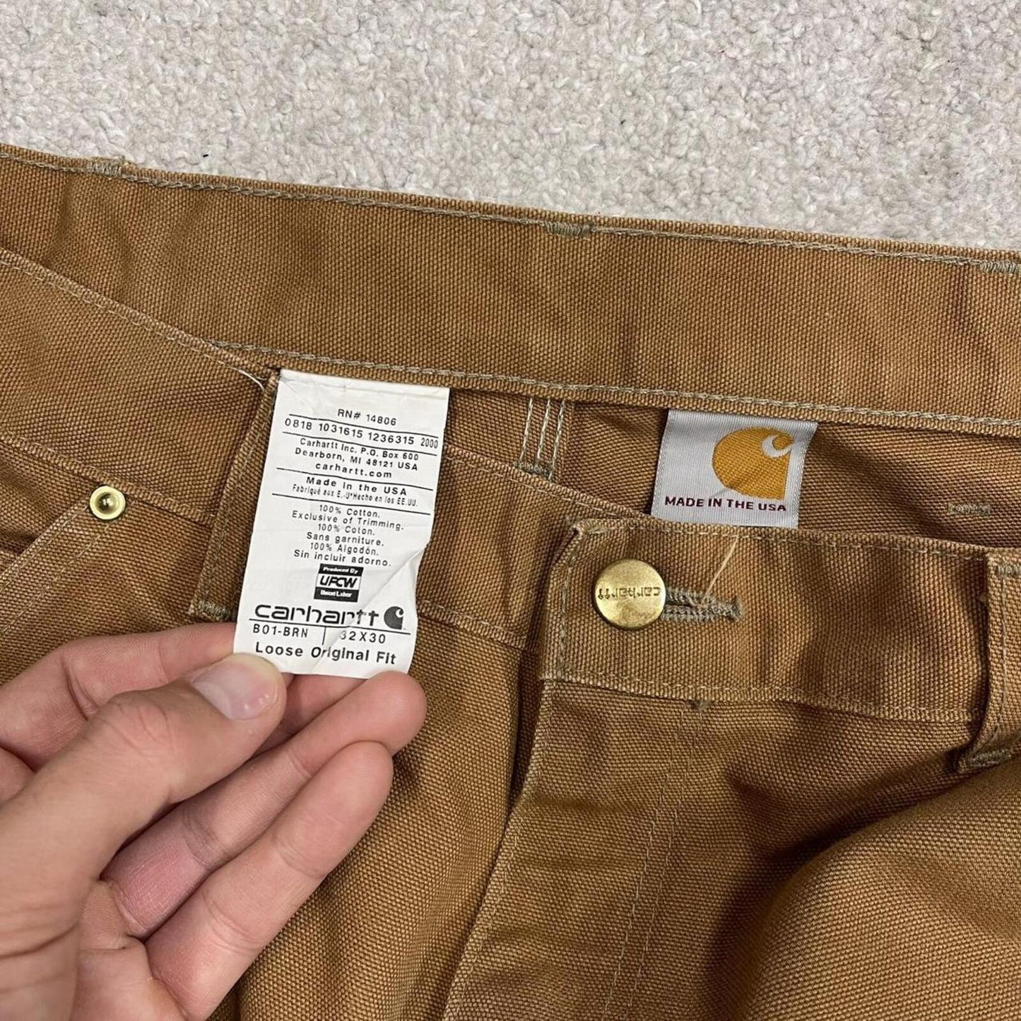 Carhartt double knee cargo jeans W32L30 work pants tan brown Loose fit baggy canvas workwear utility