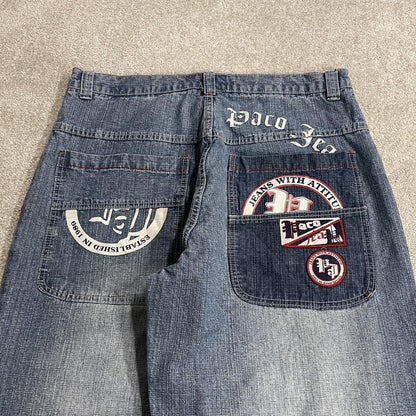 PACO extra baggy embroidered jeans y2k blue patchwork denim wide leg fit embroidered & printed