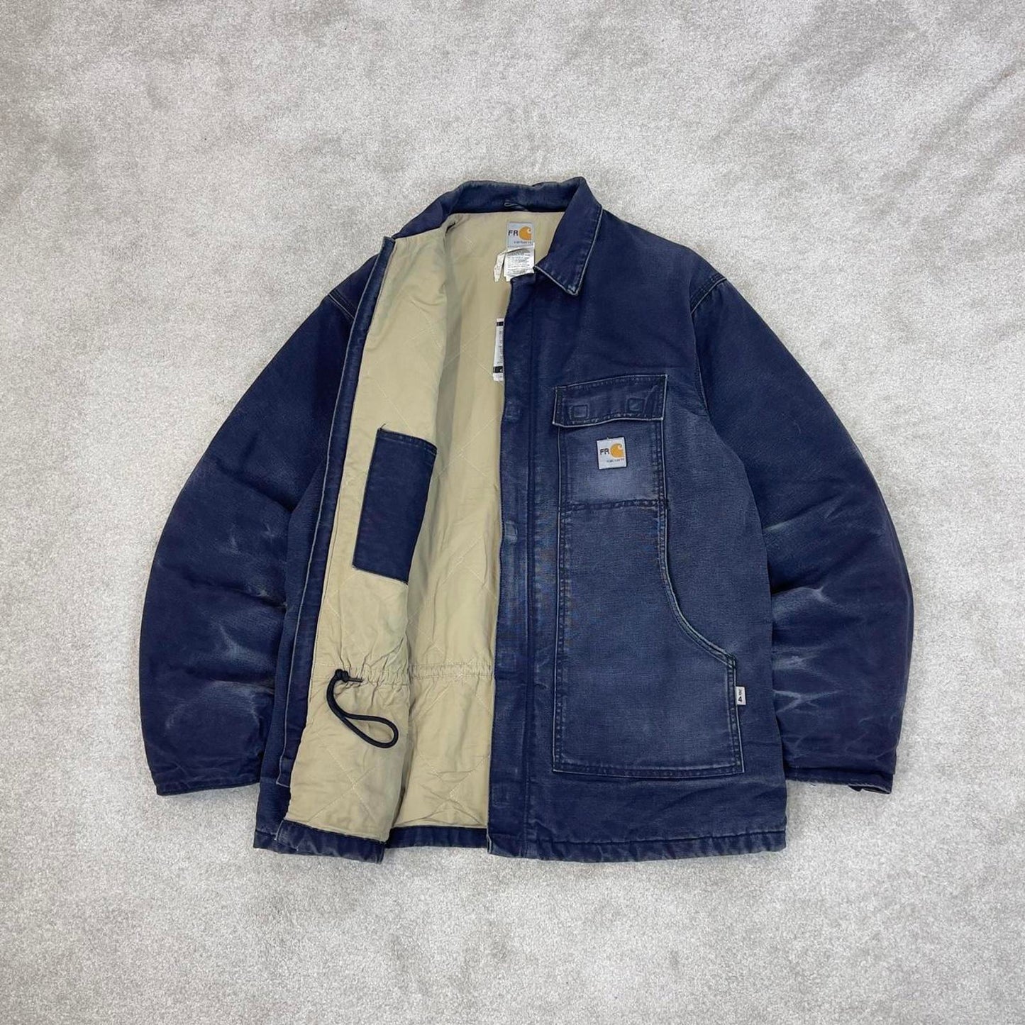 Faded Navy Carhartt jacket XL Tall canvas arctic FR 90s style chore coat cord collar