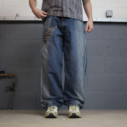 Y2K baggy embroidered jeans blue W36L33 Loose fit skater surf style pants