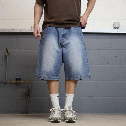 Y2k baggy carpenter shorts skater style blue W40 Brooklyn Xpress long wide leg denim jorts