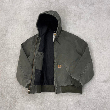 Vintage Green Carhartt hooded active jacket 2XL canvas bomber J130 MOS