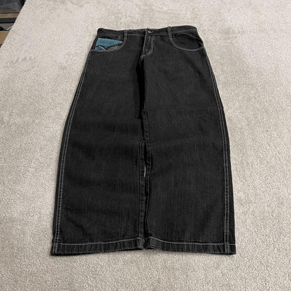 Baggy embroidered jeans y2k W36L31 black LOT29 wide leg skater style pants big embroidered designs