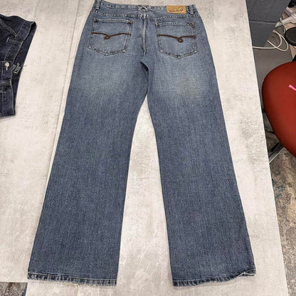 Blue Exhaust jeans W34L32 embroidered Y2K style stitch detailing design