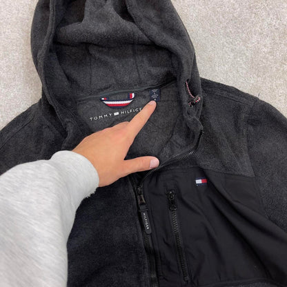 Grey Tommy Hilfiger technical fleece jacket Large y2k style hooded full zip embroidered logo hoodie