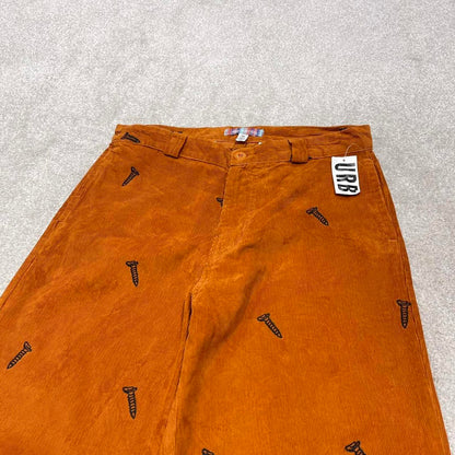 Baggy Urban Outfitters corduroy trousers wide wale orange embroidered W30 loose jumbo cord pants 90s