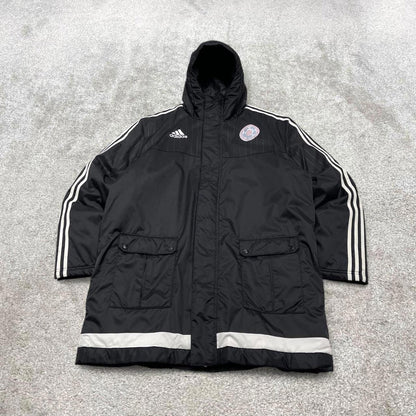 00s long Adidas park jacket y2k style L men's black full zip padded overcoat technical