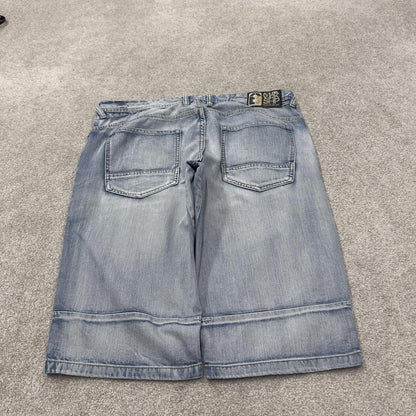 Y2K denim shorts long leg blue Skater style surf jorts