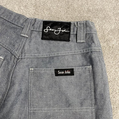 Y2K baggy denim shorts light blue carpenter denim skate surf style cargo shorts Sean John patches