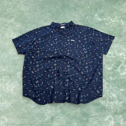 Columbia funky pattern short sleeve shirt y2k navy Festival surf style patterned summer shirt