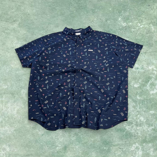 Columbia funky pattern short sleeve shirt y2k navy Festival surf style patterned summer shirt