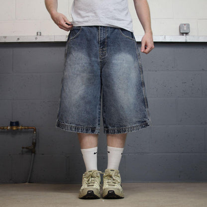 Baggy denim shorts y2k embroidered blue P.J. Mark skater style surf jorts