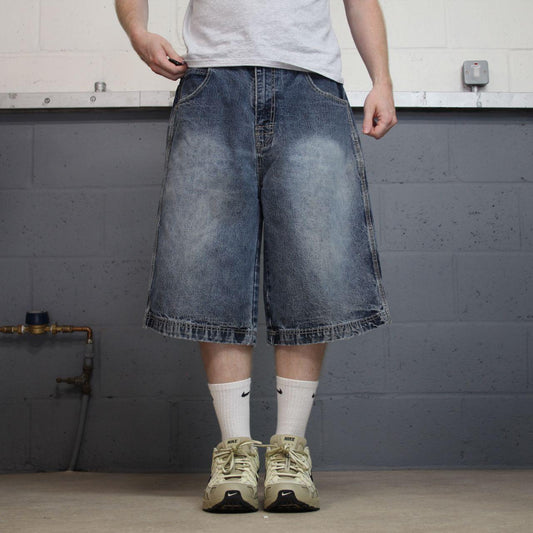 Baggy denim shorts y2k embroidered blue P.J. Mark skater style surf jorts