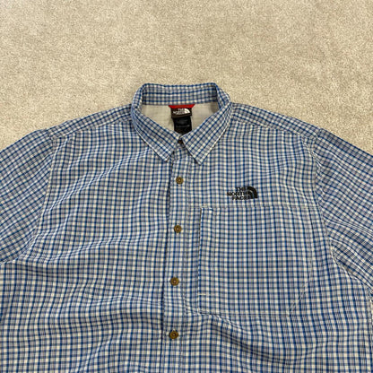North Face checkered short sleeve shirt blue TNF Festival style surf check shirt