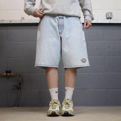 Vintage baggy BOSS denim shorts blue Loose leg skater style embroidered summer festival shorts