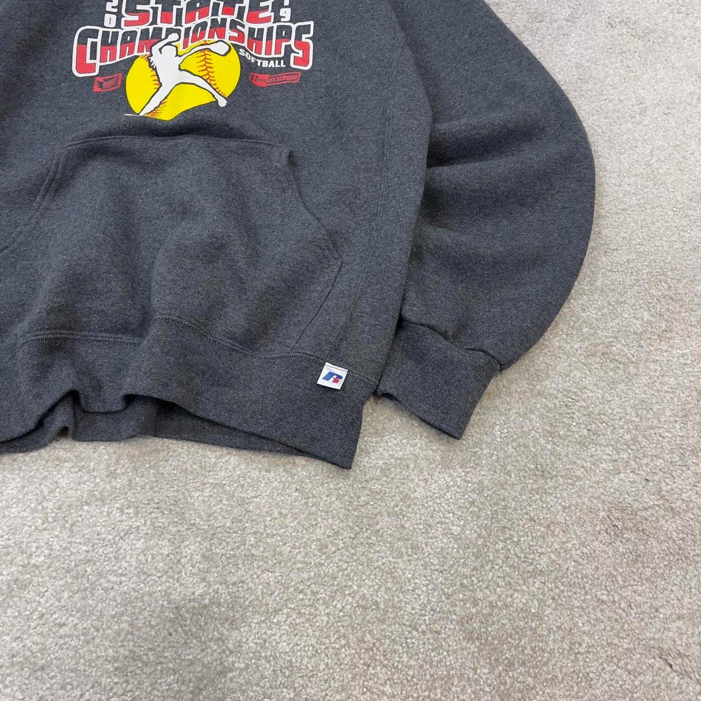 Grey Russell Athletic hoodie Small boxy y2k 00s style pull over hooded sweatshirt Softball print