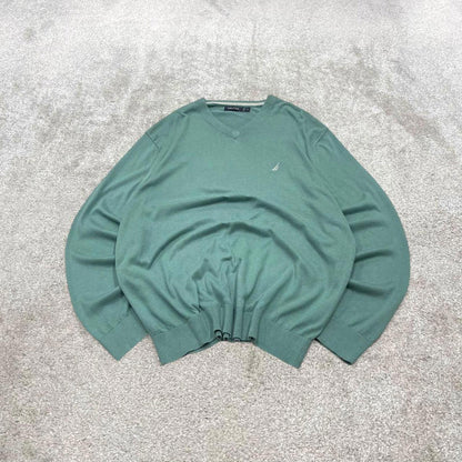 00s Nautica knit sweater jumper embroidered XL men's turquoise knitted pull over y2k 00s style