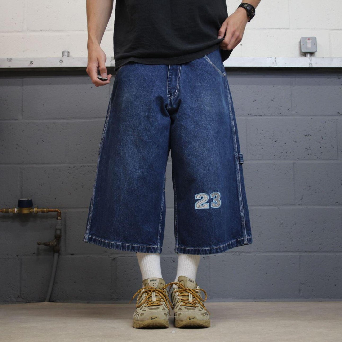 Extra baggy embroidered denim shorts blue Snoop Dogg long hip-hop skater carpenter  jorts