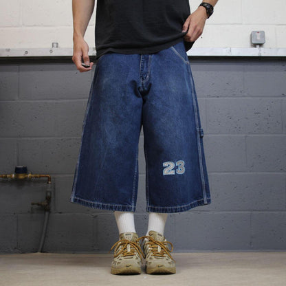 Extra baggy embroidered denim shorts blue Snoop Dogg long hip-hop skater carpenter  jorts