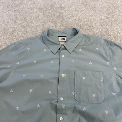North Face funky short sleeve shirt y2k blue TNF surf style patterned button down summer shirt