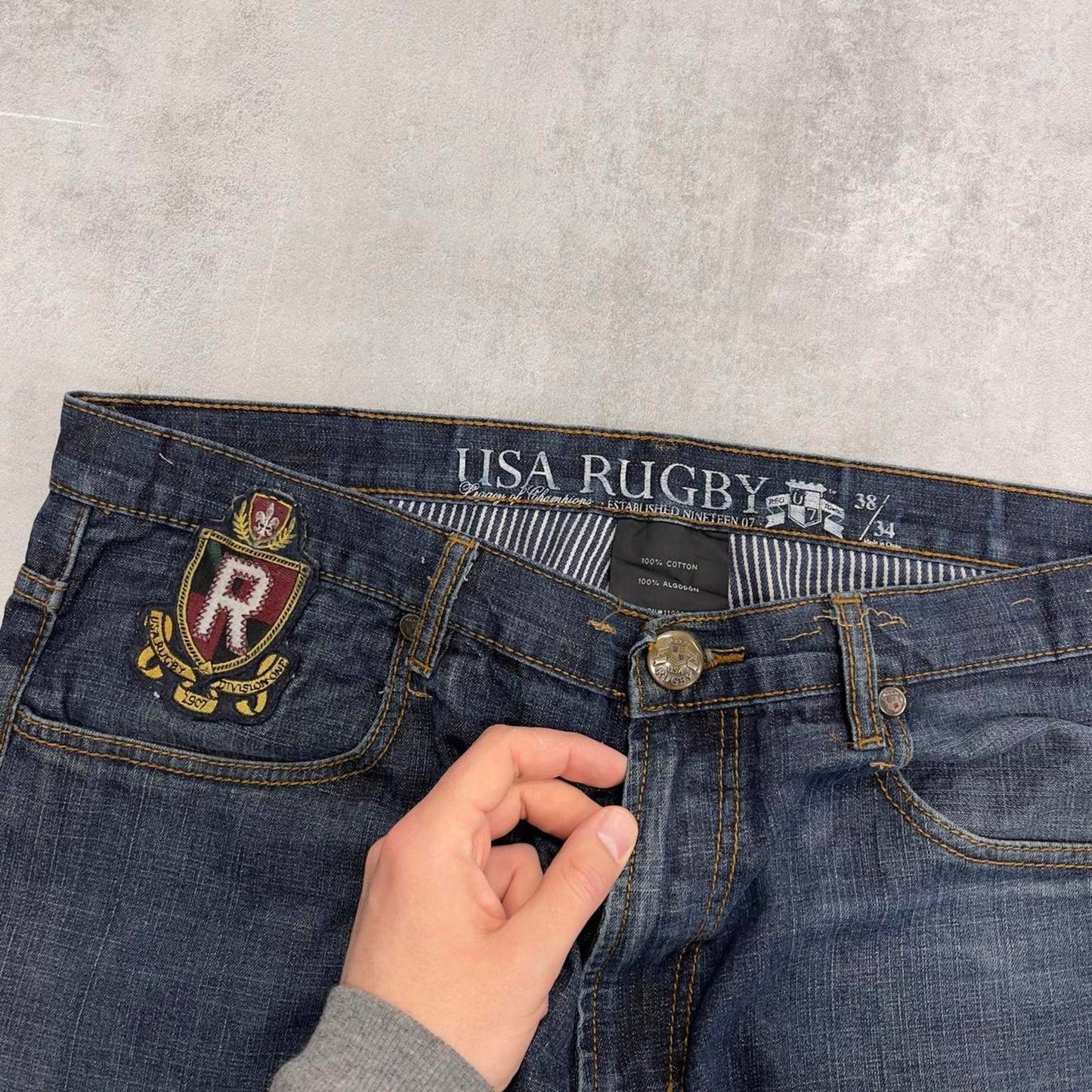 Blue USA Rugby embroidered jeans W38 L30 loose y2k embroidered design hip hop jeans