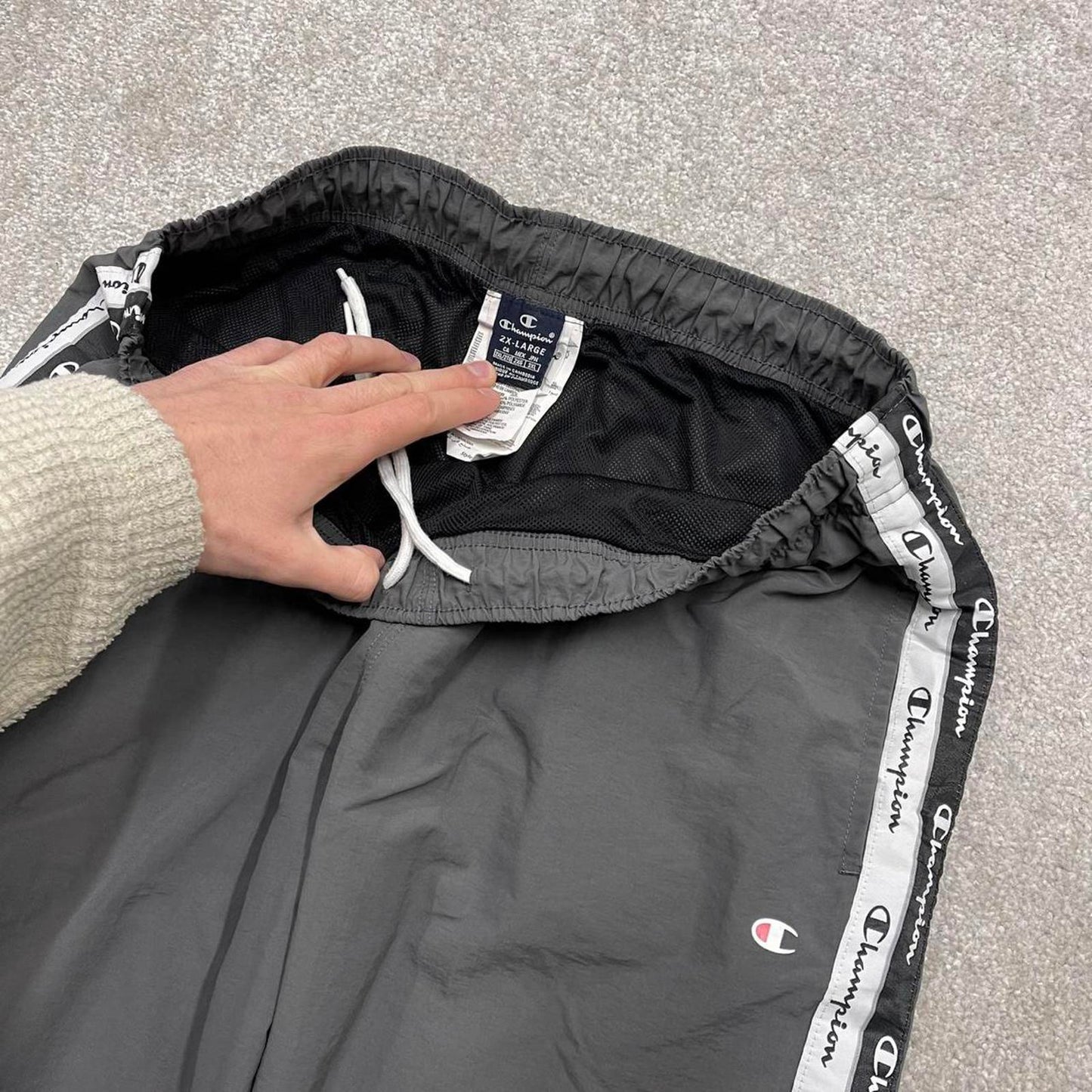 Y2k baggy Champion tracksuit bottoms 2XL loose grey trackies 00s style joggers stripe track pants