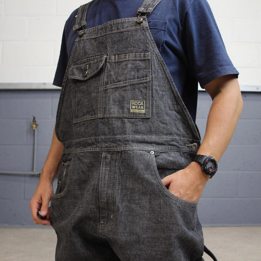 Baggy Rocawear dungarees W42L34 black grey embroidered y2k style overalls vintage denim double knees