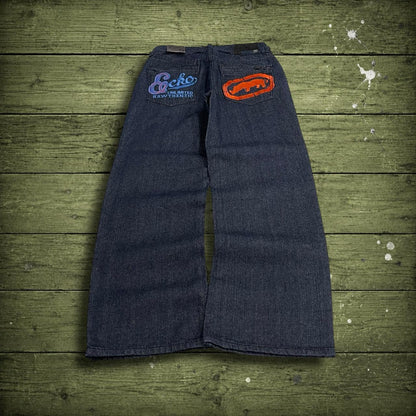Y2K Ecko Unltd embroidered jeans W26L27 navy blue denim Loose embroidered design jeans big logo