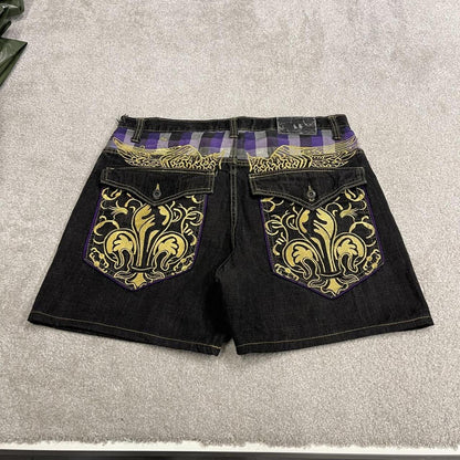 Y2k embroidered denim shorts black Refuse loose short skater style festival jorts