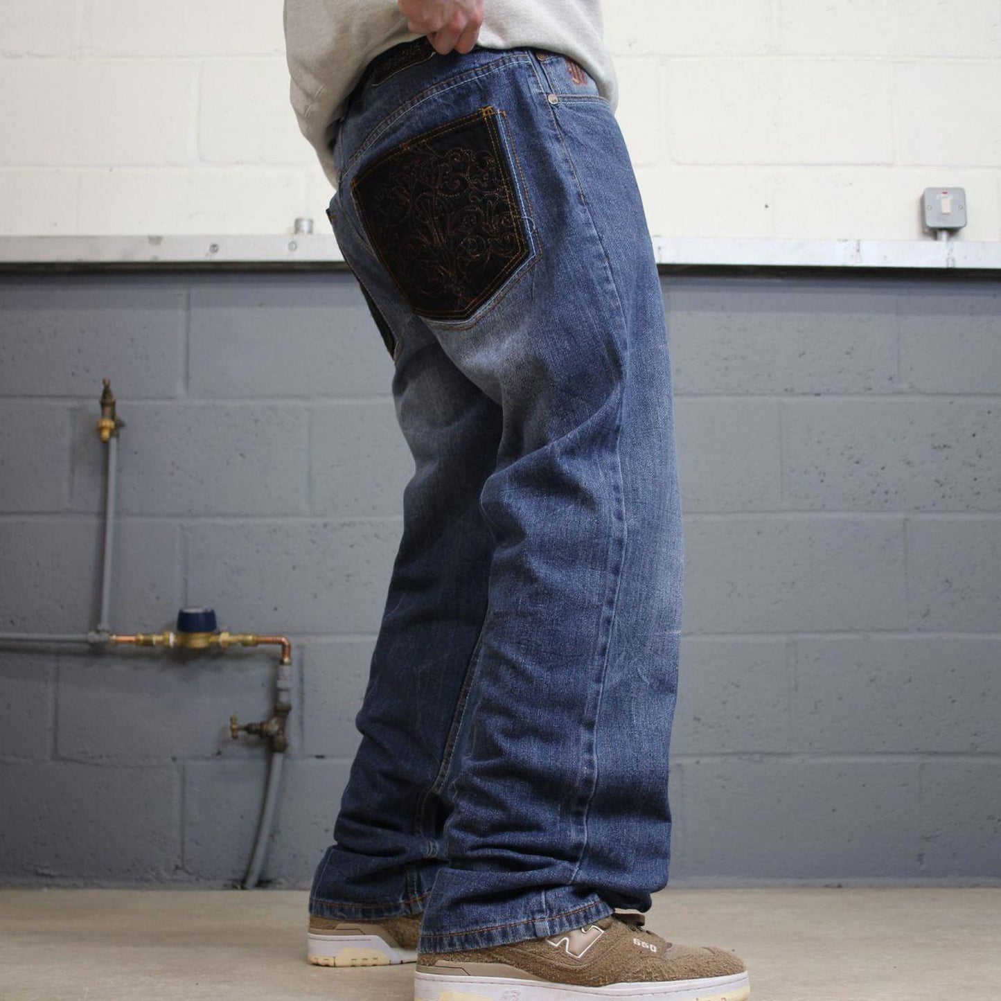 90s y2k Makaveli jeans W36L31 loose blue denim embroidered skate style hip hop pants