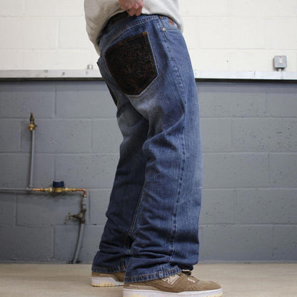 90s y2k Makaveli jeans W36L31 loose blue denim embroidered skate style hip hop pants