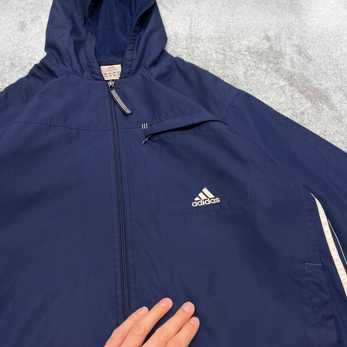 Vintage Y2K adidas windbreaker jacket navy Fleece lined embroidered stripe hooded technical coat