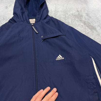 Vintage Y2K adidas windbreaker jacket navy Fleece lined embroidered stripe hooded technical coat